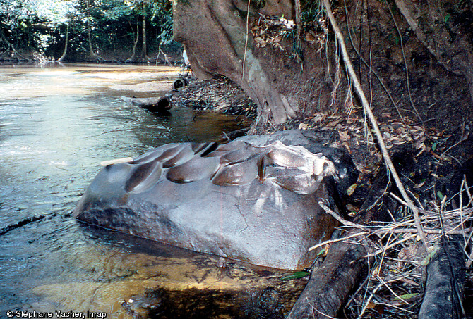 Roche à polissoir situé sur le bassin du Sinnamary (Guyane), présentant une dizaine de traces d'usure sur sa face supérieure. La datation de ce type de vestige est difficile et n'est à ce jour pas réellement acquise.
