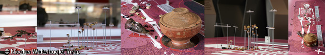   Montage photo de différents objets présentés à l'exposition  Cent mille ans sous les rails, archéologie de la Ligne à grande vitesse est européenne  qui s'est déroulée au musée de l'Arsenal (Soissons) du 25 novembre 2009 au 7 février 2010.    