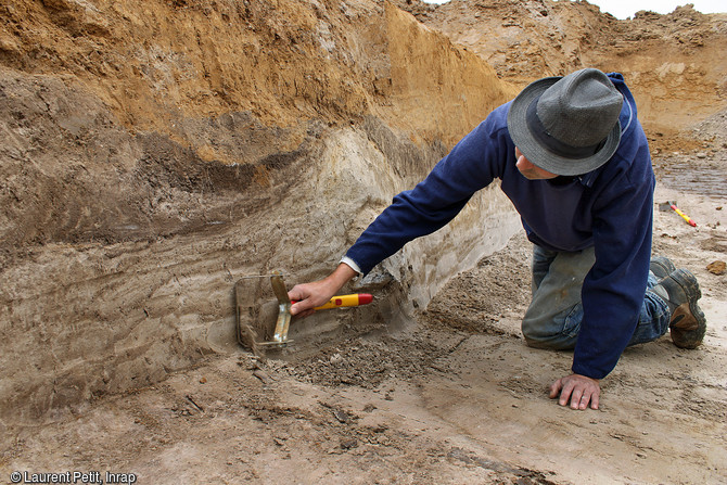 Nettoyage d'une coupe stratigraphique de la fouille de Montereau-sur-le-Jard (Seine-et-Marne), 2015.  Plusieurs occupations datées du Paléolithique moyen ont été découvertes. Une de ces occupations située au début de la dernière glaciation (autour de 100 000 ans) a livré de nombreux outils en silex associés à des restes de mammouths.