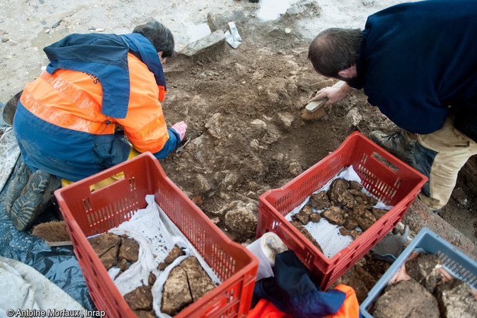 Fragments de stuc découverts à Entrains-sur-Nohain (Bourgogne). Les milliers de fragments de stucs rejetés en vrac dans une fosse sont minutieusement dégagés pour être prélevés un à un.
