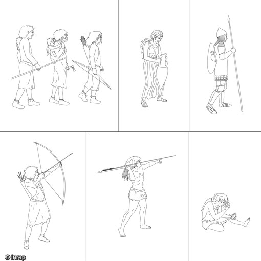 Groupe de personnages illustrant différentes périodes : préhistoire/antique/médiévale.