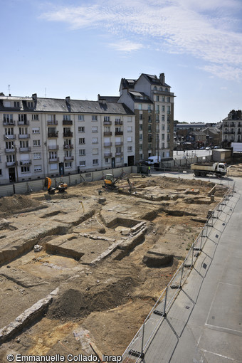 Vue générale de la fouille du quartier gallo-romain de l'hôtel-dieu à Rennes (Ille-et-Vilaine)qui s'étend sur une surface de 7500 m2, 2016