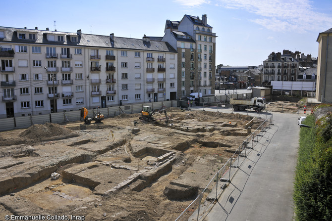 Vue générale de la fouille du quartier gallo-romain de l'hôtel-dieu à Rennes (Ille-et-Vilaine)qui s'étend sur une surface de 7500 m2, 2016