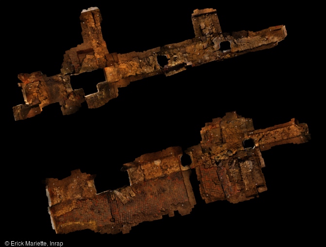 Orthophotographie résultant de la photogrammétrie (vue zénithale) effectuée dans l'église Sainte-Benoite de Lerzy (Aisne) et dévoilant les vestiges de l'église romane (XIe-XIIe siècles).