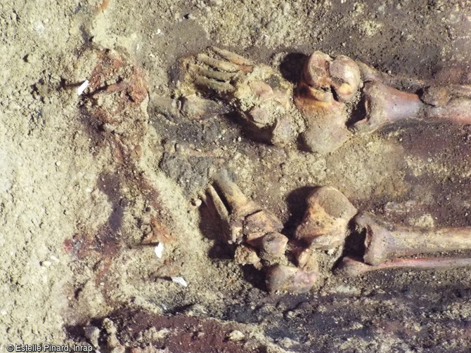 Détail d'une sépulture datant du XVIIIe siècle mis au jour dans le chœur de l'église Sainte-Benoite de Lerzy (Aisne). Les pieds, présentant des traces de matière organique sur les phalanges, se sont affaissés en antérieure mais les voutes plantaires ont été maintenus. Ces indices témoignent en faveur de chaussures basses.