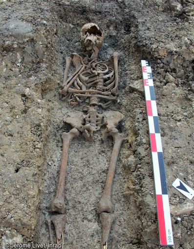 Sépulture datée entre 776 et 971 d’un homme âgé de 30 à 60 ans (inhumation F3) découverte à Buzançais (Indre) en 2020. Un couteau est déposé le long de son bras gauche (à droite sur la photographie). 