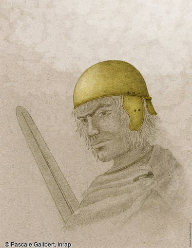 Hypothèse de restitution d'un casque en bronze avec paragnathides et couvre-nuque, dépôt cultuel du sanctuaire gaulois de Tintignac (Christophe Maniquet). 
