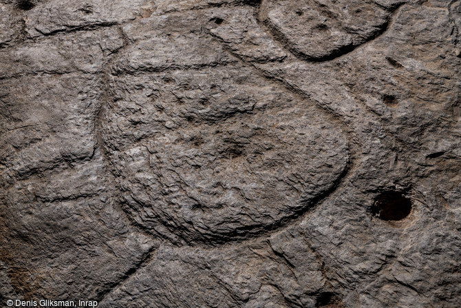Vue de détail de la forme patatoïde depuis le bord droit de la dalle de Saint-Bélec, depuis le coin supérieur gauche, datée du Bronze ancien, découverte à Leuhan (Finistère).