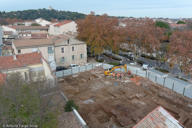 Vue aérienne d'un quartier de l'antique Nemausus mis au jour à Nîmes (Gard), en 2023.  