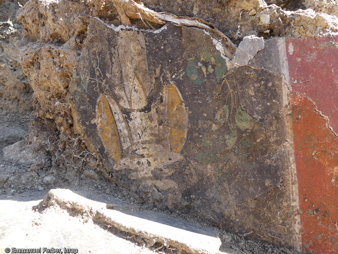 Fragments d’enduit peint provenant de vestiges antiques balnéaires, découverts à Yenne (Savoie) en 2023. 