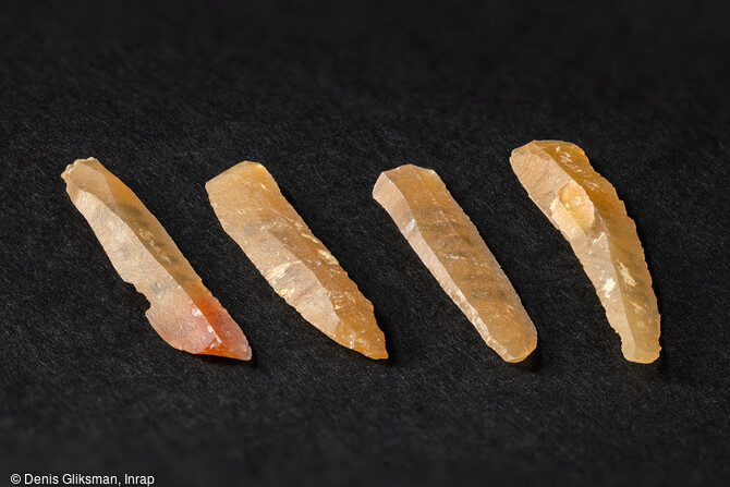 Microlamelles retouchées du Magdalénien, mises au jour sur le site de Bellegarde (Gard) en 2016. Plus 100 000 silex (Nucléus, microlamelles, grattoirs) datant du Magdalénien ont été découverts sur ce site.