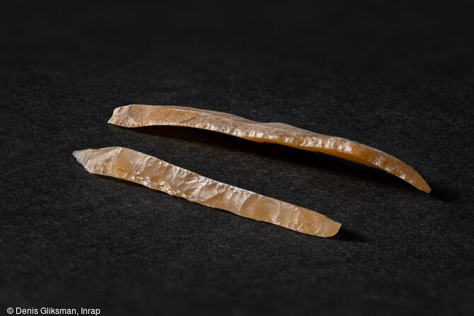 Lamelles retouchées en silex blond du Magdalénien inférieur initial et Magdalénien moyen, mises au jour sur le site de Bellegarde (Gard) en 2016. Plus 100 000 silex (Nucléus, microlamelles, grattoirs) datant du Magdalénien ont été découverts sur ce site.
