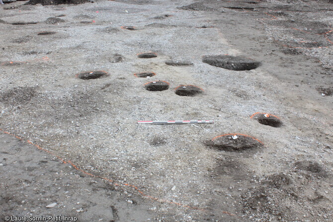 Vue générale d'un ensemble de trous de poteau identifiés après décapage sur le site d'Algolsheim (Haut-Rhin). 