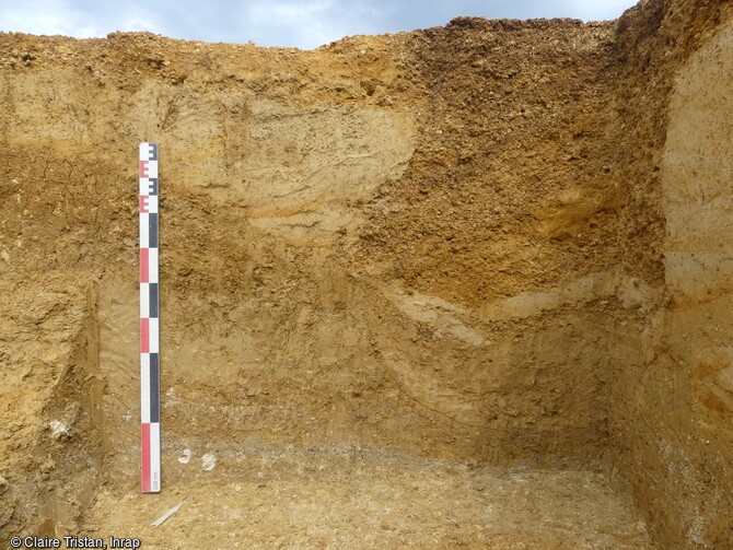 Coupe d'une fosse en Y à Arc-Sur-Tille (Côte-D'Or). Douze fosses en Y sont reparties sur l'ensemble de la surface prescrite. Peu de mobilier provient de leur comblement. Une datation radiocarbone de ces structures a été réalisée et permis de les associer à une période chronologique (Néolithique ancien et/moyen, âge du Bronze ancien à final). Il s'agit de la première prescription de fouilles pour un site de fosses à chasse en Bourgogne-Franche-Comté.