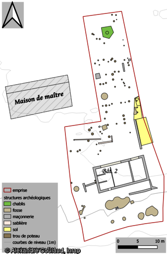 Plan général de la fouille de la zone est, de l'habitation Belle-Allée à Saint-François (Guadeloupe). En 2023 la fouille a révélé un bâtiment rectangulaire maçonné encore en élévation ainsi qu'une centaine de structures, vestiges des différentes phases d'occupation attestées pour les XVIIIe et XIXe siècles : trous de poteaux, fosses, pavages, sols ... 