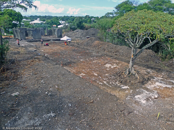 Vue générale de l'emprise de la fouille en 2023 de l'ancienne habitation coloniale Belle-Allée à Saint-François (Guadeloupe).