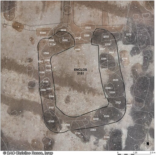 Exemple de l'enclos 3151 dans lequel les sépultures sont regroupées dans les fossés et non au sein de l'enclos, mis au jour dans l'ensemble funéraire antique de Saint-Vulbas (Ain). Il semble clairement avoir joué un rôle d'attraction probablement pour des sépultures d'individus apparentés ou socialement liés. 