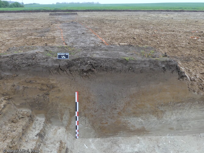 Section d'un fossé de partition interne mis au jour dans l'habitat rural de la fin de l'âge du Fer à Beaugency (Loiret). Cet habitat rural est structuré par un vaste espace fermé par des fossés probablement doublés d'un talus interne. Des partitions organisent l'espace enclos et suggèrent des zones d'activités différentes 