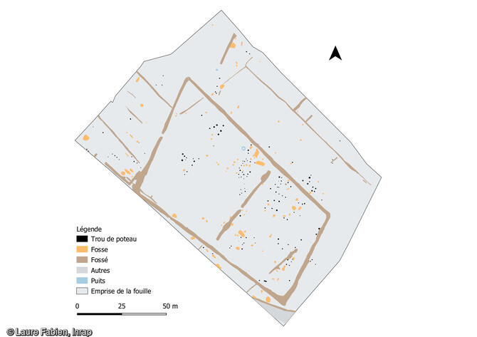 Plan général du site de l'habitat rural de la fin de l'âge du Fer à Beaugency (Loiret) en cours de fouille. 