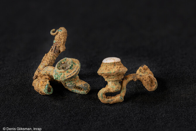 Retrouvées dans la tombe princière de  la Dame de Vix  datant de 500-490 av. notre ère, au cours de la fouille de 2019 à Vix (Côte-d'Or), ces deux fibules décorées d'un cabochon, de corail sont caractéristiques de la fin du premier âge du Fer ; oubliés lors de la fouille de 1953, ces bijoux ornaient très certainement la dépouille de la  princesse. 
