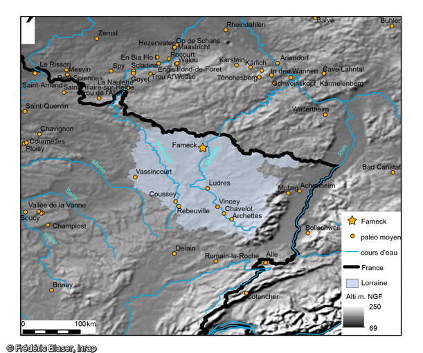 Carte des sites stratifiés du Paléolithique moyen autour de Fameck (Moselle) 