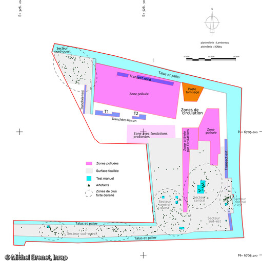 Relevé topographique du site Gustave Eiffel à Tours (Indre-et-Loire). Travaux réalisés au sein de l'emprise et situation des secteurs de fouille avec une plus grande densités d'artefacts lithiques du Paléolithique. 