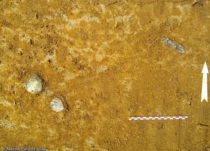 Une lame et deux éclats découverts dans le secteur sud-est au sein du niveau supérieur du Paléolithique moyen sur le site Gustave Eiffel à Tours (Indre-et-Loire).