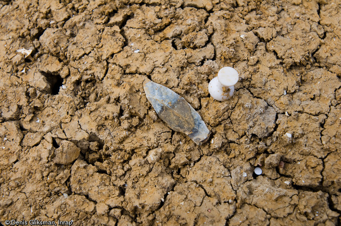 Silex taillés. Fouille du site mésolithique (8200-7500 avant notre ère) rue Farman à Paris, 2008.  Les silex taillés mis au jour correspondent pour la plupart à des déchets de fabrication d'armatures de flèches microlithiques.