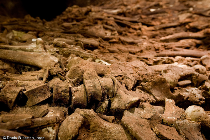 Détail du rachis d'un individu bien conservé. Fouille de la catacombe des saints Pierre et Marcellin à Rome, 2008.  Entre 2005 et 2008, un programme de fouilles a été engagé permettant la mise au jour d'un nombre considérable d'ossements humains sur une épaisseur de près d'un mètre dans un secteur encore inexploré de la catacombe, ici la tombe X83. 