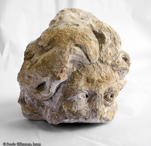 Détail d'une tête sculptée, trouvée en réemploi dans un mur sur la fouille de l'esplanade de la Major à Marseille en 2008.