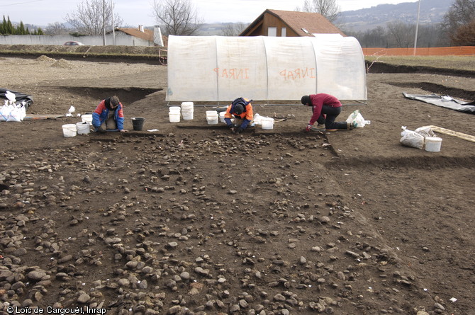 Fouille extensive d'un niveau de sol chasséen (IVe millénaire avant notre ère) sur le site des Queyriaux (Puy-de-Dôme) en 2011.  Les niveaux néolithiques étaient exceptionnellement bien conservés et ont livré une forte densité de structures (fosses, foyers, trous de poteau et sépultures). 