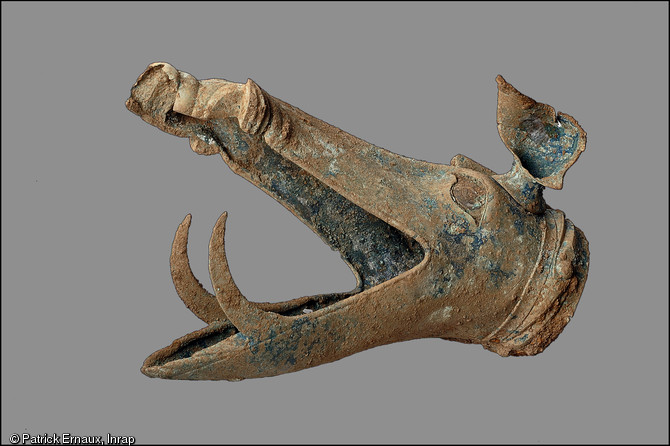 Tête de sanglier en bronze moulé avec une oreille. Interprété comme un pavillon de carnyx (trompette de guerre), il lui manque l'extrémité de la mâchoire supérieure et le boutoir. Restauration Materia Viva