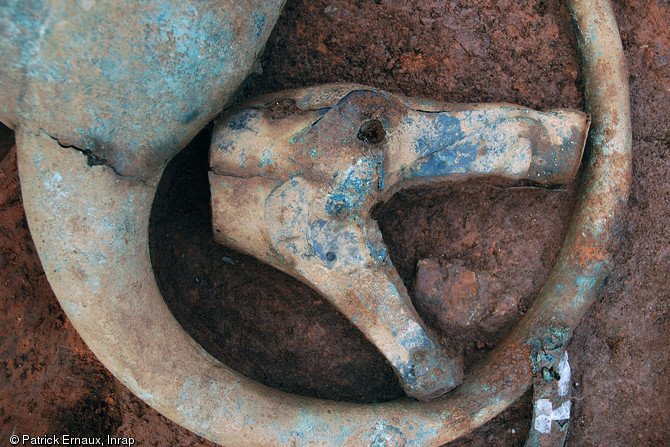 Pavillon d'un des carnyx (trompette de guerre) en bronze moulé en forme de hure de sanglier et le cou arrondi du casque oiseau.  Leur disposition ne doit probablement rien au hasard...  Consolidation in situ, Materia Viva