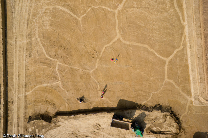 Réseau de fentes de gel datant approximativement de 27 000 ans, site paléolithique d'Havrincourt (Pas-de-Calais), 2011.  La largeur des fentes peut atteindre jusqu'à 10 cm et permet, par l'étude de leur remplissage, de définir les caractéristiques des dépôts. 