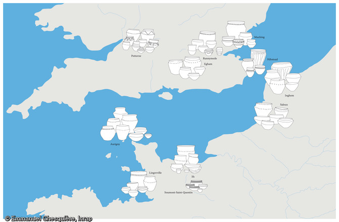 Exemple de corpus céramiques de la fin de l'âge du Bronze et du début de l'âge du Fer dans le nord de la France et le sud de l'Angleterre : les liens qui unissent les populations du rivage de la Manche sont frappants puisqu'on retrouve peu ou prou les mêmes assemblages.   Dessin publié dans le numéro 21 de la revue de l'Inrap Archéopages.