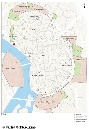 Plan de localisation (ici en marron) des faubourgs médiévaux de Toulouse (Haute-Garonne).  Les faubourgs ne sont pas uniquement des quartiers hors les murs : ils constituent également des extensions naturelles des villes dans un contexte historique marqué par un fort développement urbain.  Dessin publié dans le numéro 24 de la revue de l'Inrap <a class= rte-link-ext  href= http://www.inrap.fr/archeologie-preventive/Recherche-scientifique/Archeopages/Les-numeros/24-25-26-27-2009/Numero-24/Dossier-Quartiers-et-faubourgs/p-9531-Les-faubourgs-medievaux-en-question.-L-exemple-du-midi