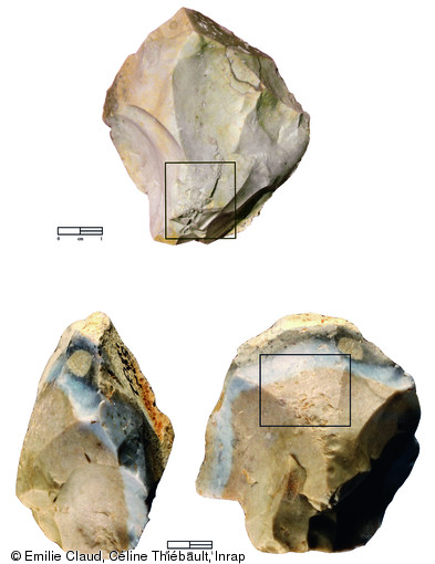 Nucléus portant des traces de percussion liées à leur utilisation comme percuteurs pour le débitage (nucléus du haut de la photo) et comme retouchoirs (nucléus du bas), provenant des sites de Saint-Césaire (Charente-Maritime) et de Creysse (Dordogne), respectivement fouillés en 1993 et 2008.  Ces deux nucléus attestent du recyclage d'objets en pierre taillée (pour une autre utilisation) dès le Paléolithique moyen.  Photo publiée dans le numéro 29 de la revue de l'Inrap <a class= rte-link-ext  href= http://www.inrap.fr/archeologie-preventive/Recherche-scientifique/Archeopages/Les