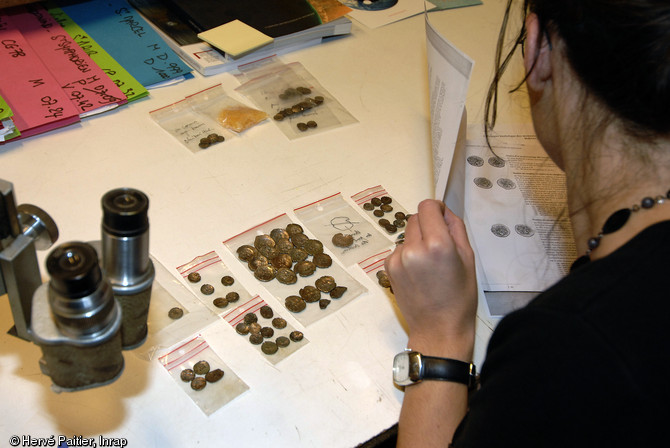 Etude du trésor enfoui vers 50 avant notre ère à Laniscat (Côtes-d'Armor) dans un fossé d'un grand établissement agricole gaulois, 2007.  Composé de statères et quarts de statères en or allié d'argent (électrum), le trésor de Laniscat compte au total 545 pièces, toutes frappées par le pouvoir osisme (peuple gaulois dominant le Finistère actuel).