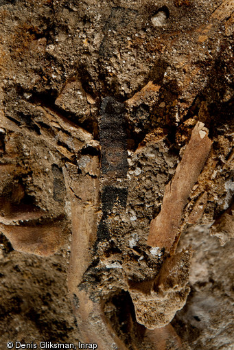 Détail d'un fragment de tissu avec décor découvert sur un individu inhumé en sarcophage au XIIIe ou au XIVe s., église Saint-Pierre et Saint-Paul à Gonesse (Val-d'Oise), 2011.