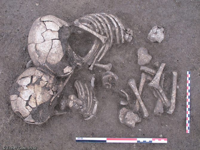 Sépulture double de jeunes enfants sur le site des Queyriaux à Cournon-d'Auvergne (Puy-de-Dôme) datée du Néolithique moyen ou du Bronze moyen, 2011. Le contact des deux têtes et le fait que les membres inférieurs du sujet de gauche soient placés entre les membres inférieurs du sujet de droite attestent la simultanéité du dépôt.