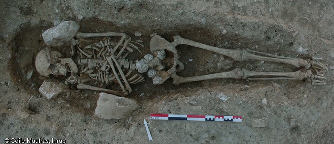 Sépulture d'un pèlerin de Compostelle, couvent des Carmes à Nîmes (Gard), 2011. Dans la tombe, le défunt porte à la ceinture cinq coquilles Saint-Jacques, possibles témoins d'autant de pèlerinages. De la fin du XIIIe s. jusqu'aux guerres de Religion, le couvent a abrité un grand cimetière où une partie de la population nîmoise est enterrée.