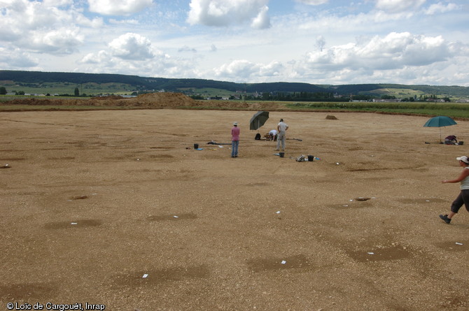 Fouille menée à Gevrey-Chambertin (Côtes-d'Or) en 2008.  Près de 12 000 m2 ont été fouillés. La moitié de cette superficie était couverte de plus de 300 fosses alignées, à l'image de celles visibles au premier plan, interprétées comme des vignes gallo-romaines. 