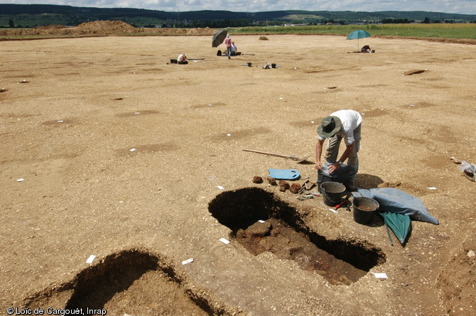 Vue générale du site de Gevrey-Chambertin (Côtes-d'Or), 2008.  Au premier plan les fosses du second âge du Fer ; au deuxième plan les traces du vignoble gallo-romain ; à l'arrière plan les vignes actuelles. 