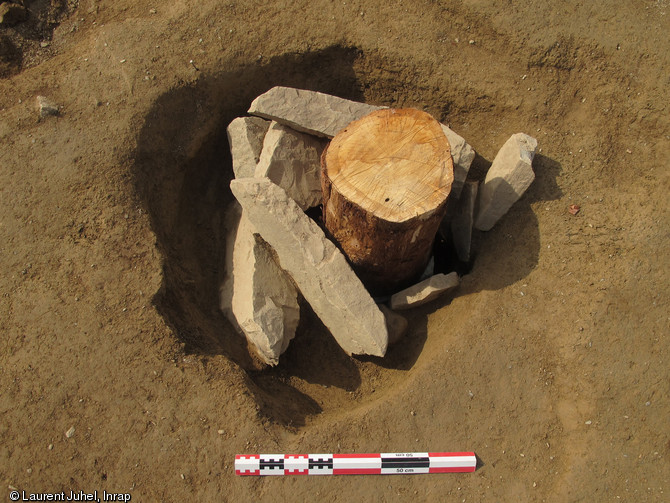 Poteau en bois de 30 cm de diamètre replacé au centre d'un calage néolithique, Pléchâtel (Ille-et-Vilaine), 2012. 