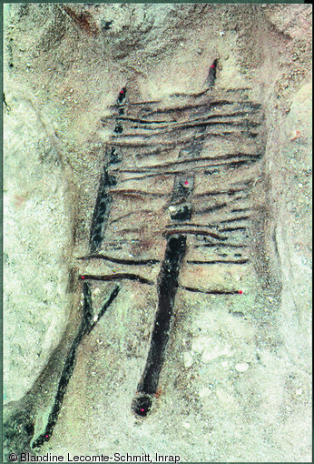 Fragment de claie à montants de chêne, de frêne, de pomoïdée, d'érable, de noisetier et d'orme découverte sur le site du musée du Quai Branly à Paris en 2002.  Maintenue à la verticale contre un alignement de pieux, elle a pu faire partie d'un dispositif de guidage du poisson d'une pêcherie fixe.  Photo publiée dans le numéro 26 de la revue de l'Inrap <a class= rte-link-ext  href= http://www.inrap.fr/archeologie-preventive/Recherche-scientifique/Archeopages/Les-numeros/24-25-26-27-2009/Numero-26/Dossier-Peches/p-11684-Une-pecherie-merovingienne-sous-le-quai-Branly.-Les-plus-anci