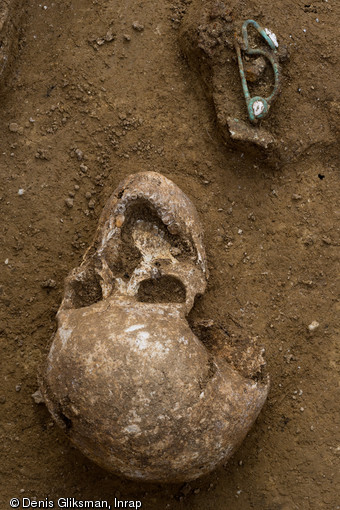 Crâne d'un individu inhumé dans la nécropole guerrière de Buchères (Aube), et fibule à décor de corail, IVe s. avant notre ère, 2013.