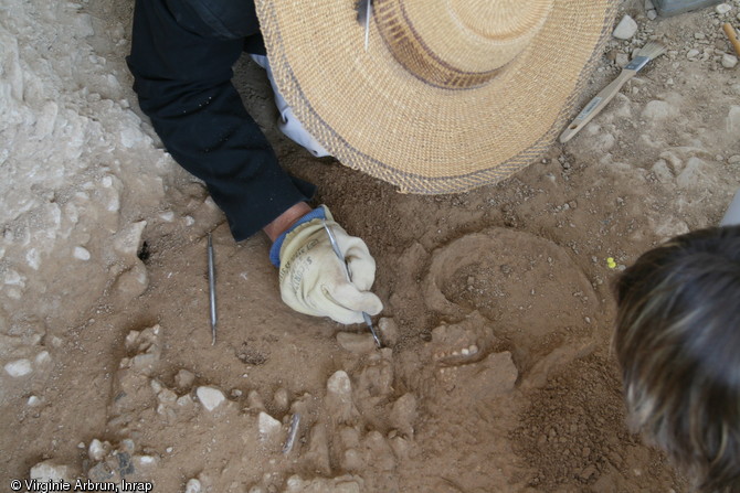 Dégagement minutieux de la tombe épipaléolithique (entre 12 000 et 11 000 avant notre ère) découverte sur la fouille de la ZAC des Vigneaux à Cuges-les-Pins (Bouches-du-Rhône), 2013. Seules 200 sépultures de cette période sont connues en Europe, de l'Atlantique à l'Oural.
