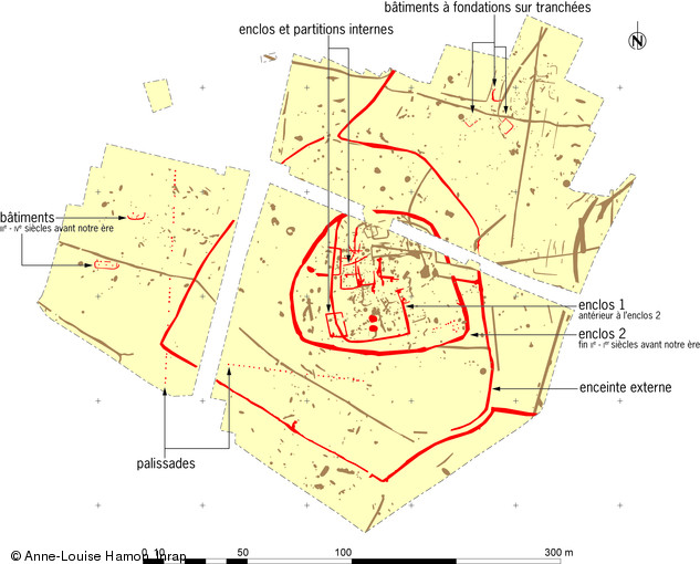 Plan général de la ferme gauloise mise au jour à Vitré (Ille-et-Vilaine), IIe-Ier s. avant notre ère, 2006.