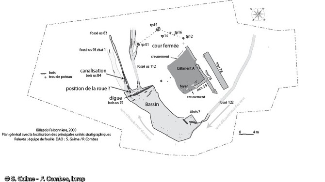 Plan général de Falconnière à Billezois (Allier) montrant les structures retrouvées lors de la fouille du site. Sept bois datés donnent un intervalle chronologique entre 1285 et 1365.   Photo publiée dans le numéro 34 de la revue de l'Inrap Archéopages.