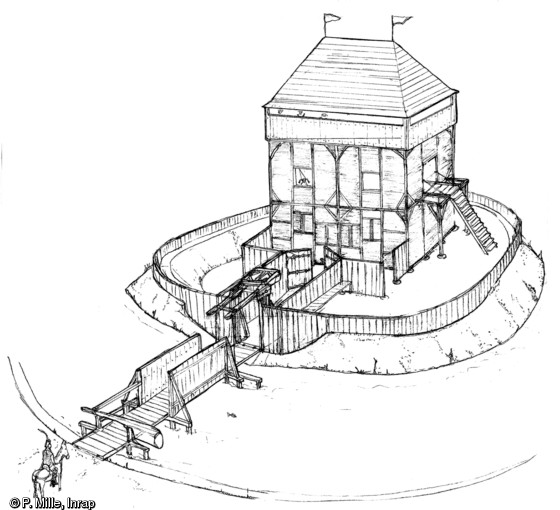 Restitution de la maison forte du site du Tronçay à Chevagnes (Allier). Elle comprend des éléments architecturaux et défensifs spécifiques tel le pont-levis à flèches qui contribue à asseoir la domination d'une classe sur un territoire. La maison forte est datée de l'automne-hiver 1360-1361 et le pont de 1359-1360.  Photo publiée dans le numéro 34 de la revue de l'Inrap <a class= rte-link-ext  href= http://www.inrap.fr/archeologie-preventive/Recherche-scientifique/Archeopages/Les-numeros/HS03-34-35-2012/Numero-34/Dossier-Campagnes/p-15418-De-la-difficulte-a-distinguer-le-noble-et-l-i